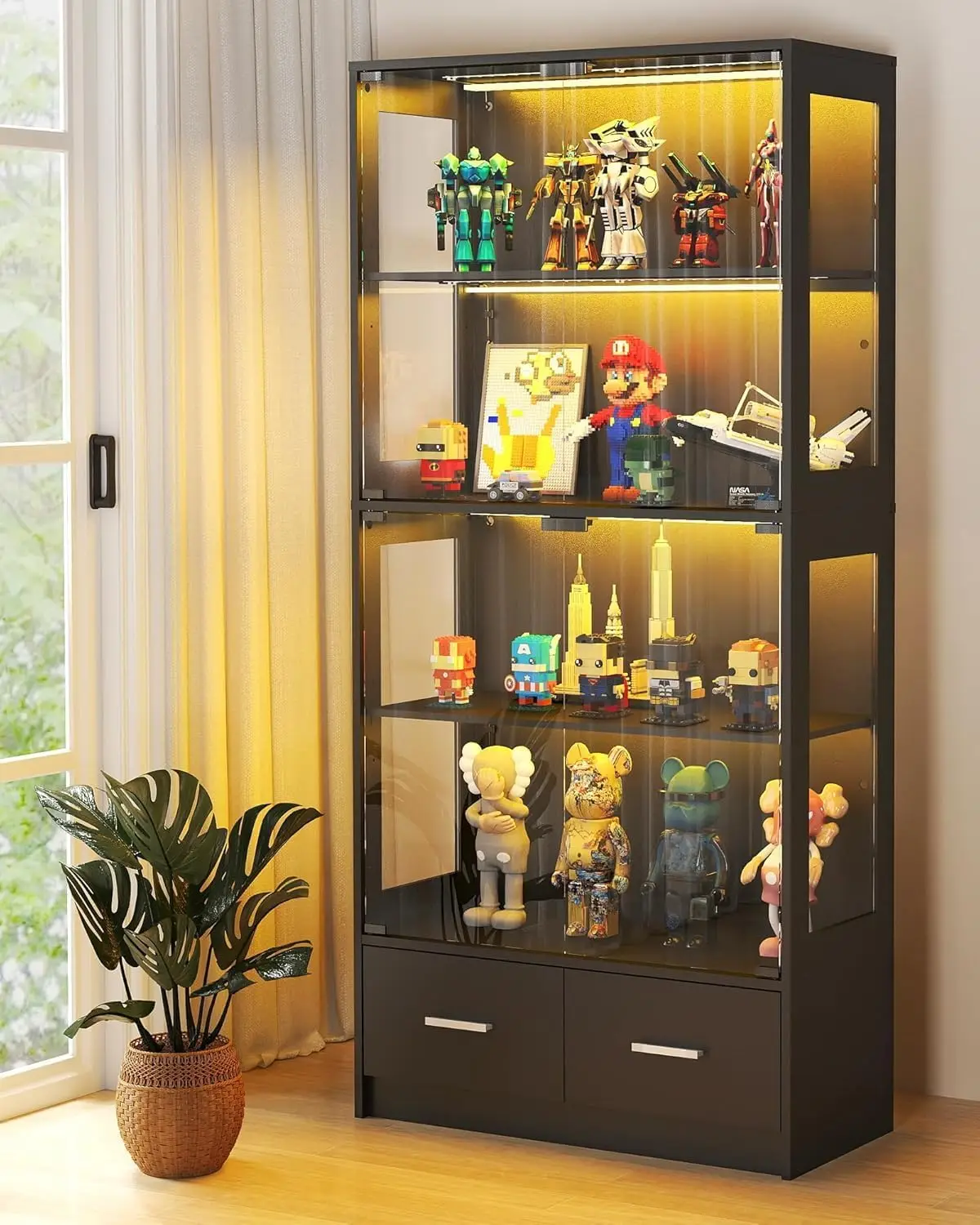 Pop Display Shelf - Black Glass Display Cabinet With 2